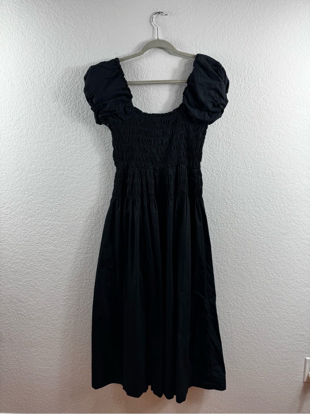 Caroline Constas Black Cotton Poplin Smocked Shirred Puff Sleeve Maxi Dress Sz S - Picture 5 of 12